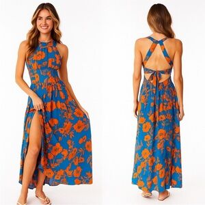 Anthropology ABEL THE LABEL Charlotte Floral Boho Halter Blue Long Maxi Dress M